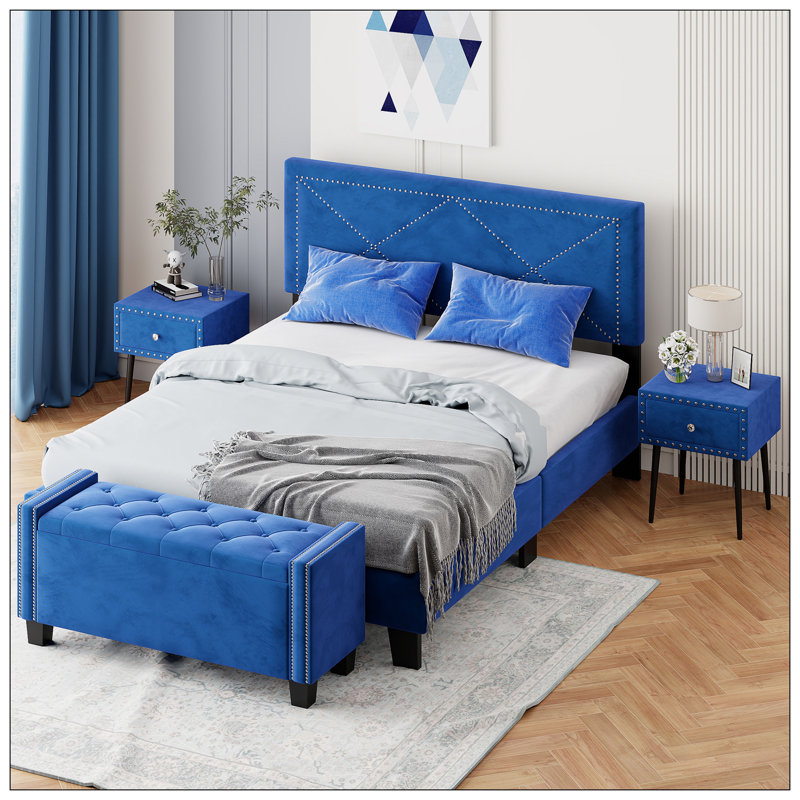 Jonoah Solid Wood+MDF Bed, Blue