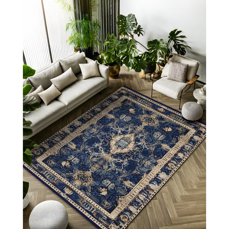 Isabel Collection Digital Print Cotton-Polyester Navy Beige Vintage Look Rug, Runner 2'8" x 7'3"