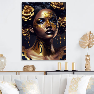 Gold And Black Floral Woman V - Woman African American Metal Art