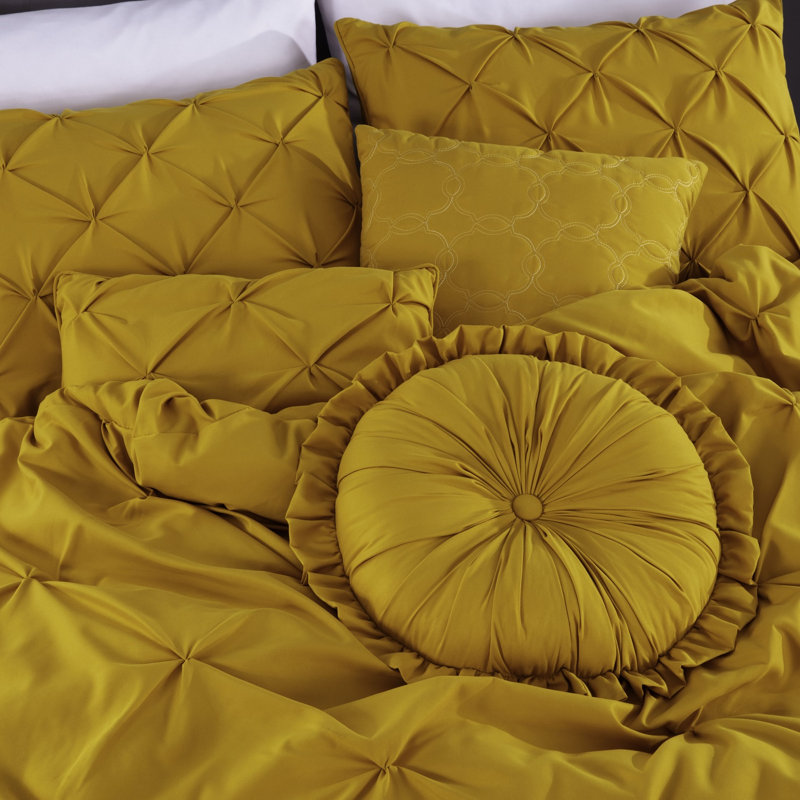 Ensemble d'édredon en microfibre 7 pièces Sydney Pintuck, Édredon de très grande taille et 6 pièces suppl, Jaune moutarde