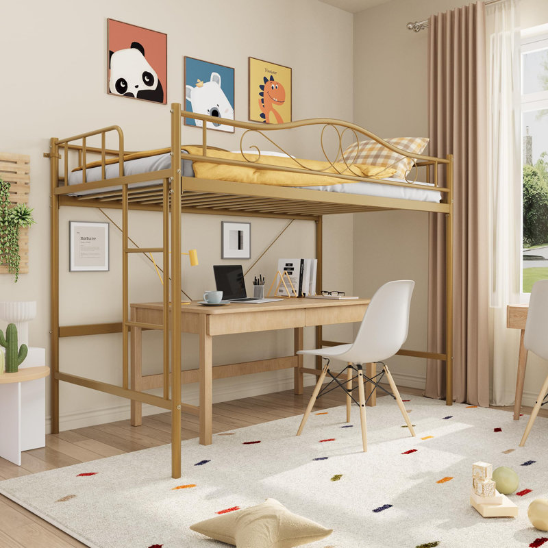 Lit mezzanine simple en métal robuste avec échelle et barrière de sécurité, peu encombrant, sans sommier, assemblage facile, doré