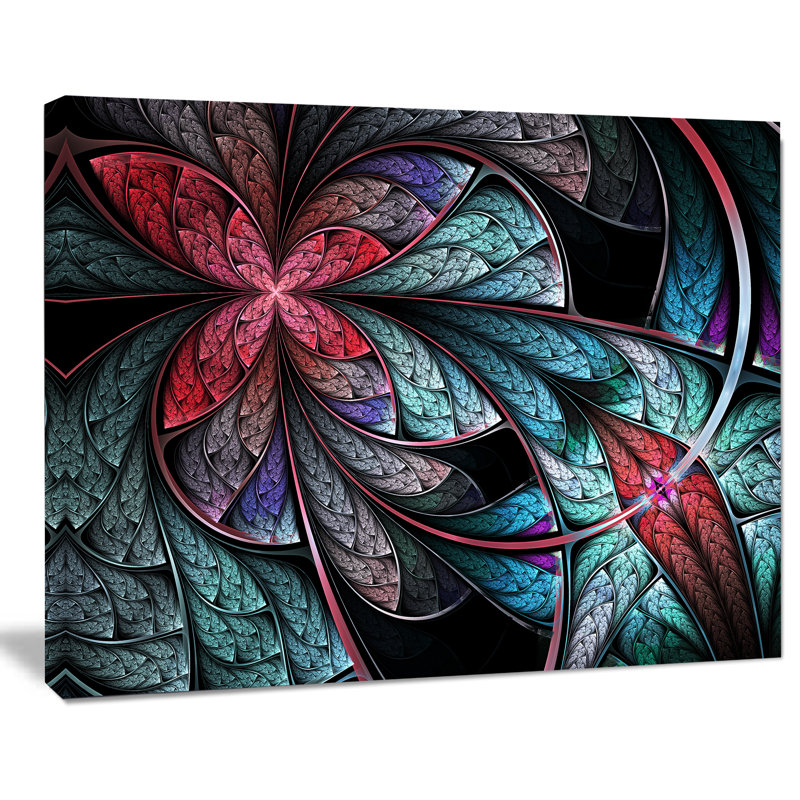 Motif floral turquoise et rouge, impression sur toile tendue, H 20 po x l 20 po x P 1 po