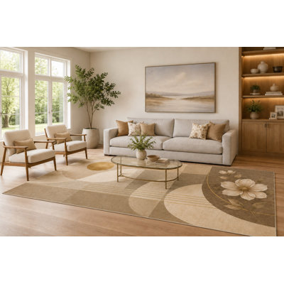 Tapis d'appoint géométrique floral taupe et crème « ultra léger » de 201 x 300 cm (6'7" x 9'10"), idéal pour le salon. Moquette douce à poils courts avec envers antidérapant en silicone, parfaite pour la chambre ou le bureau.