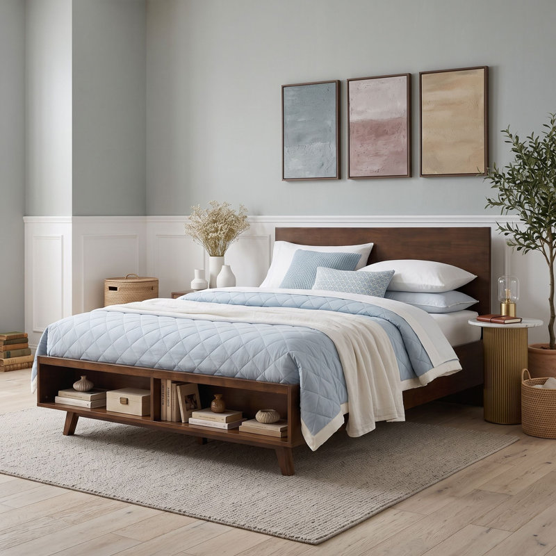 Cadre de lit plateforme en bois avec rangement intégré au pied de lit, Grand lit