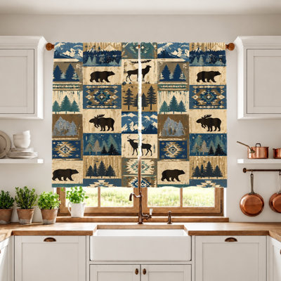 2Pcs rideaux de la faune de la forêt rustique, imprimé ours de montagne de la nature, cerf de poche filtrant la lumière pour le salon, la chambre, le balcon, la cuisine