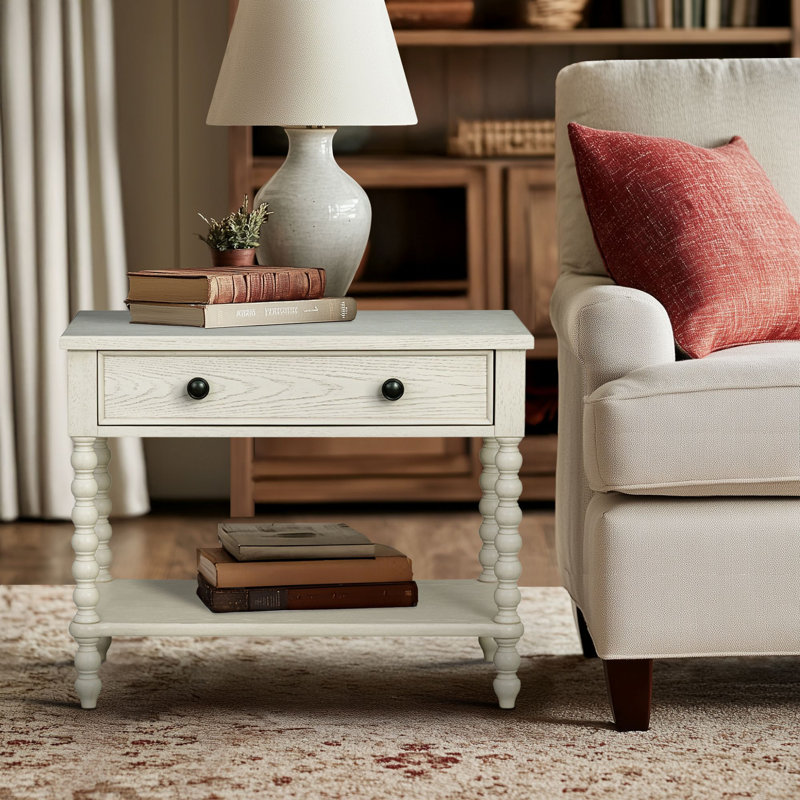 Grande table de chevet avec tiroir et tablette Beckett, Crème antique