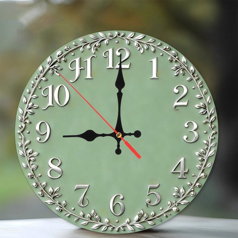 Horloge murale ronde en bois 10 po, mouvement à quartz silencieux, imprimé UV, à piles, Vert sauge