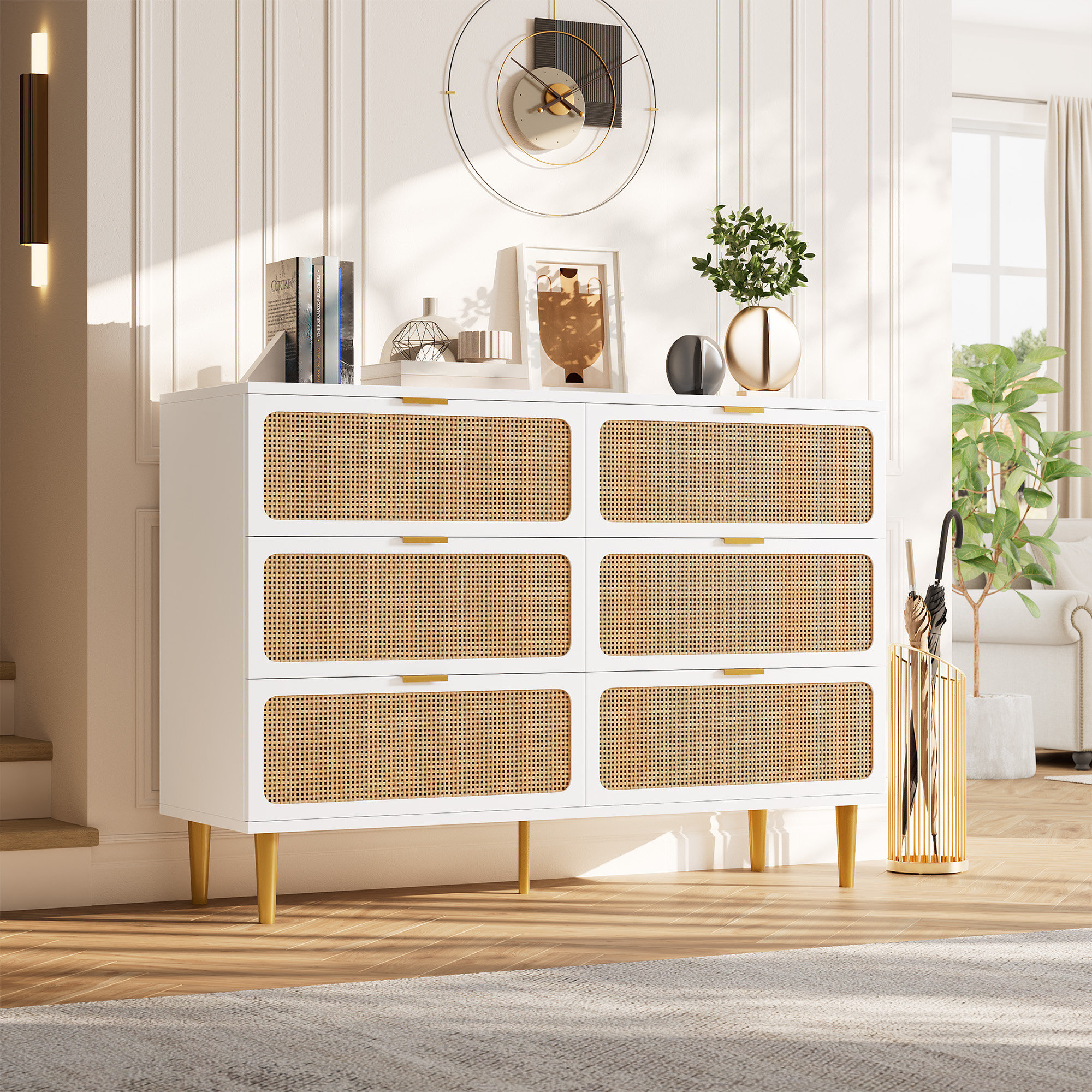 boho dresser white Ebern Designs 47 inch Modern Rattan 6 Drawer Wide Wooden Chest with Deep Spacious Storage & Woven Accent fully functioning drawers have Color: Florals/Prints Loving this dress🩵🩵🩵🩵 @cyan.boujee24 Size:48 Short - 42 Waist