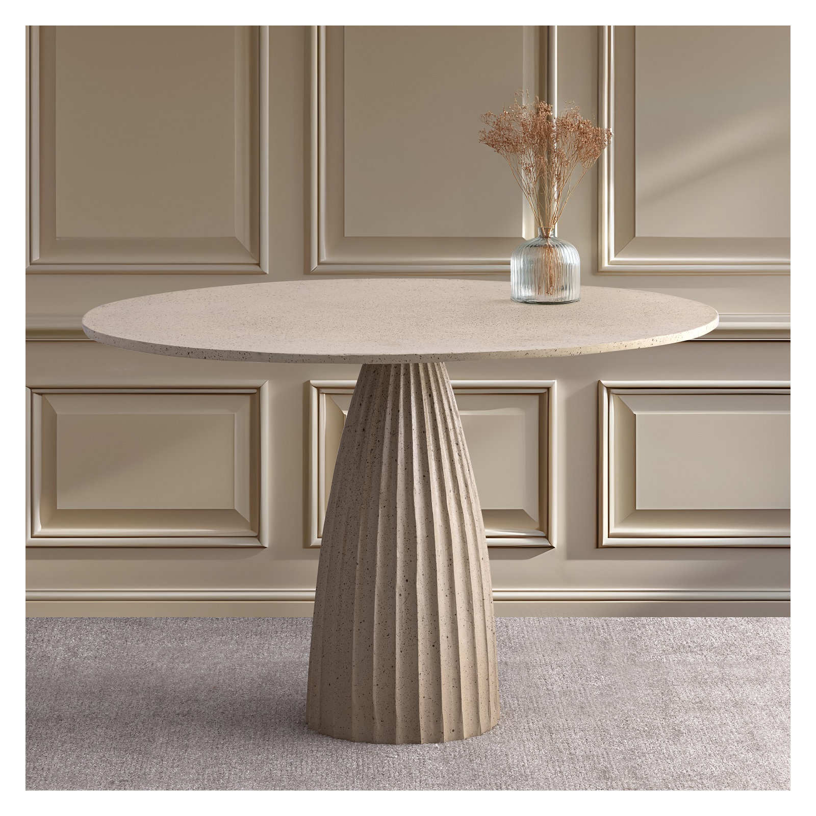 Aluminum Dining Table W/Chisel Texture Base Dia 47.3", Beige/Brown