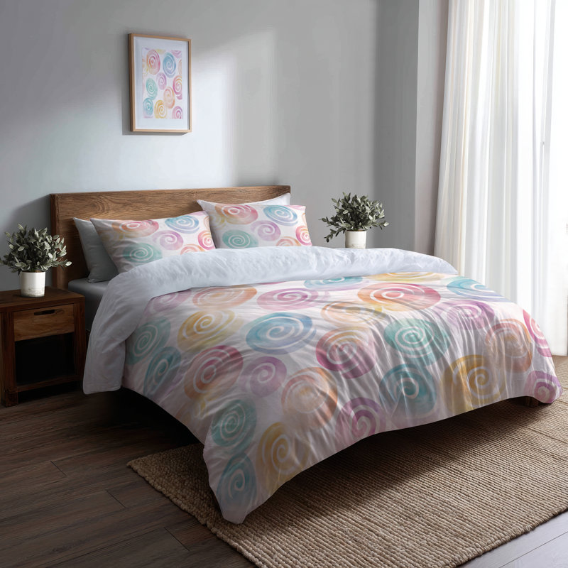 Ensemble de literie pour enfants 3 pièces - Ensemble de housse de couette et coussin décoratif Motion Pastel Spirals