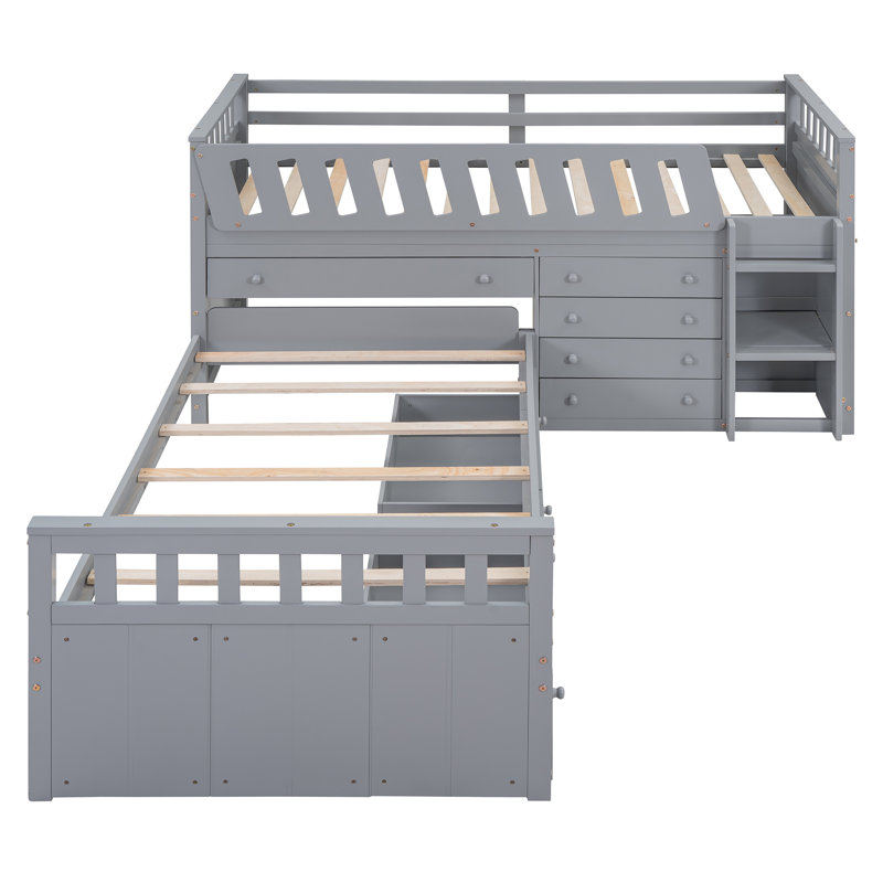 L-Shaped  Space-Saving Twin Loft And  Twin  Platform Bed With 7 Drawers And Full Guardrails(GRAY)