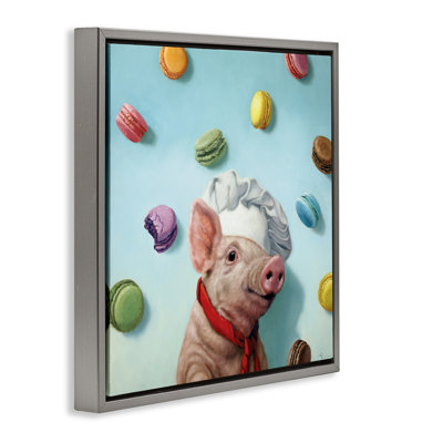 Pig Chef with Playful Macarons Framed Floater Canvas Wall Art by Lucia Heffernan