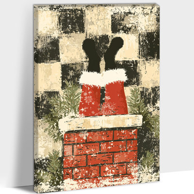 Vintage Christmas Prints - Santa Stuck in Chimney Canvas Wall Art for Living Room, Holiday Pictures Wall Decor, Vintage Christmas Artwork Painting Frame Wrapped Canvas Prints, 12×16 inches