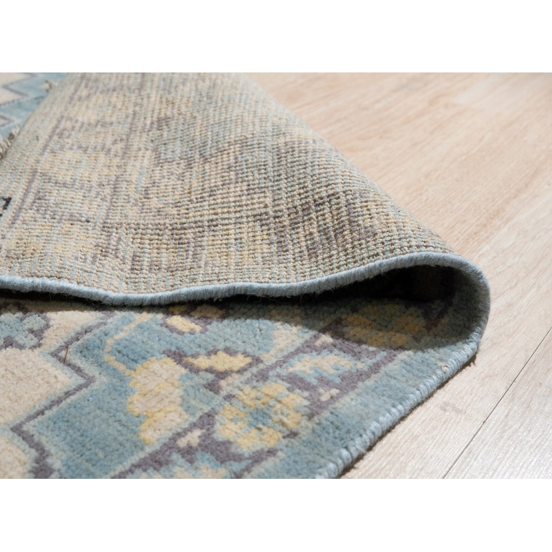 Blue Hand-Knotted Wool Floral Symmetry Geometric Modern Contemporary Carpet Rug, 9' x 12'
