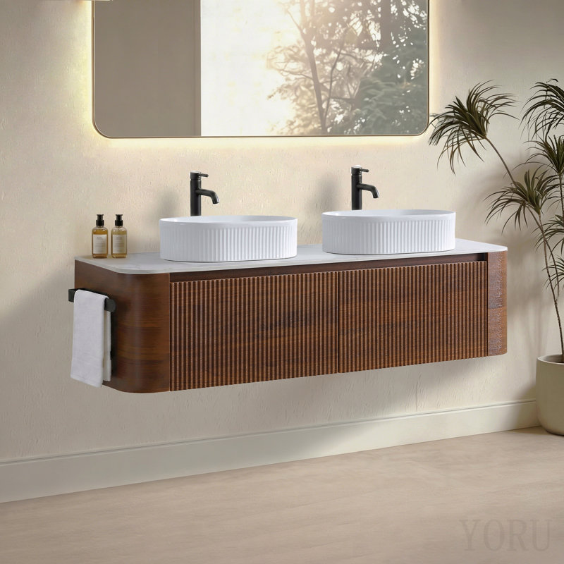 Meuble-lavabo de 60 po avec lavabo, armoire murale en noyer avec porte-serviettes gratuit, conception de deux lavabos en céramique à rayures ovales blanches, sans drain ni robinet, pré-assemblé