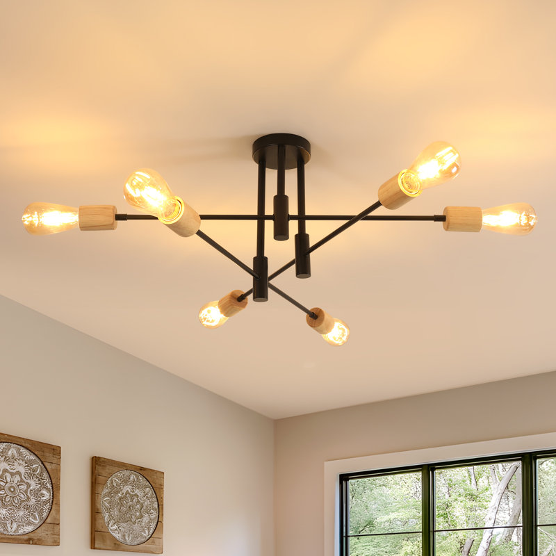 Modern 72 CM 6-Light Sputnik Semi Flush Ceiling Light, Matte Black/Wood