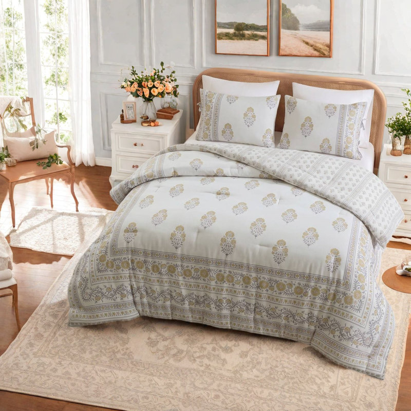 -Piece King/Cal King Bedding Sets, Reversible Cotton-Blend, Vintage Floral Home