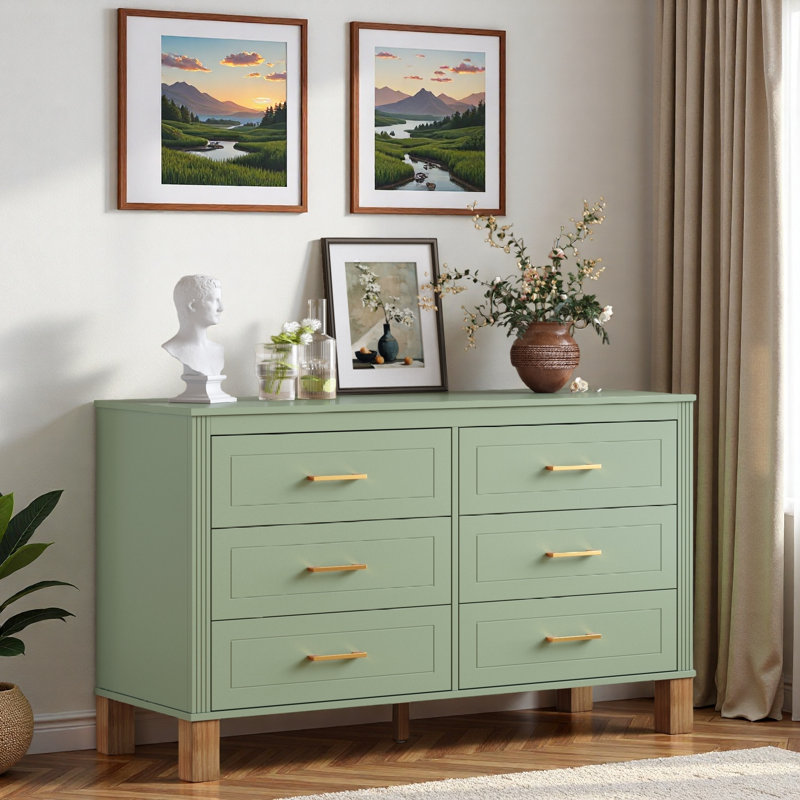 Commode 47,24 po avec 6 tiroirs, poignées en métal et pieds en bois, Vert sauge