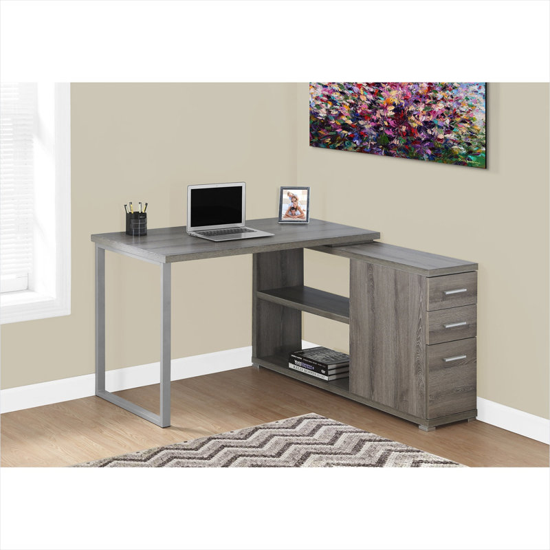 Bureau d'ordinateur en L avec tiroir classeur, stratifié beige neutre et acier gris, poste de travail d'angle de 47,25 pouces