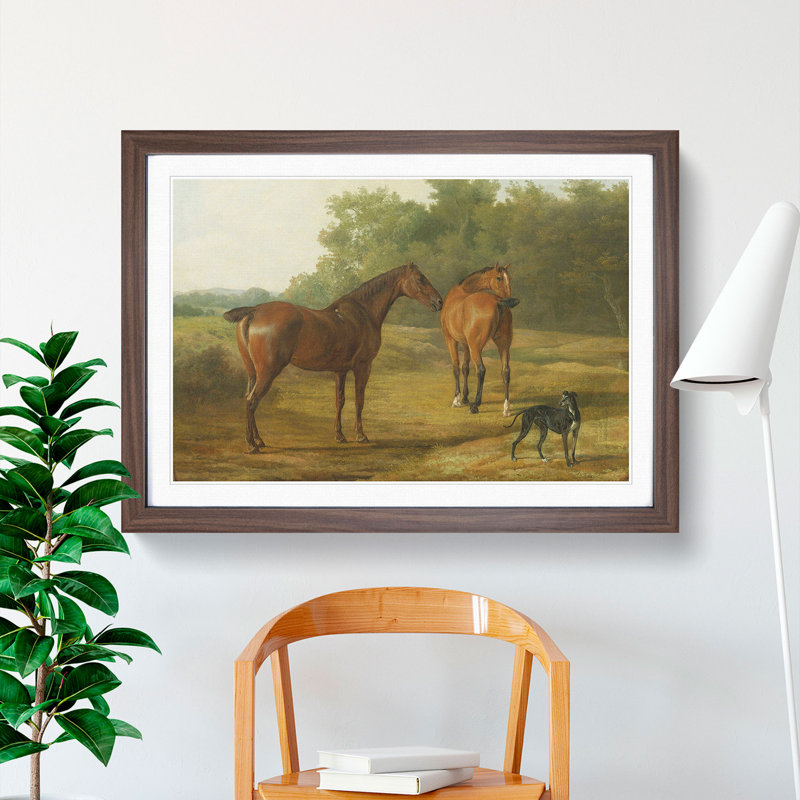 Horses and Hound by Jacques-Laurent Agasse - Picture Frame Painting, Walnut Framed, 36cm H x 48cm W x 2cm D