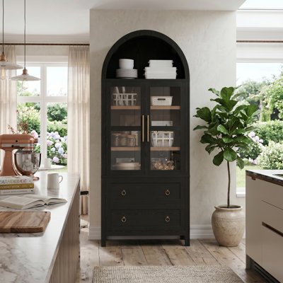 71" Black Modern Farmhouse Tall Arched Kitchen Pantry Cabinet with Glass Doors, 2 Drawers & Adjustable Shelves