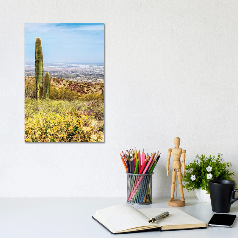Phoenix Arizona Desert With Saguaro Cactus And Cityscape - Wrapped Canvas Gallery-Wrapped Canvas Giclée