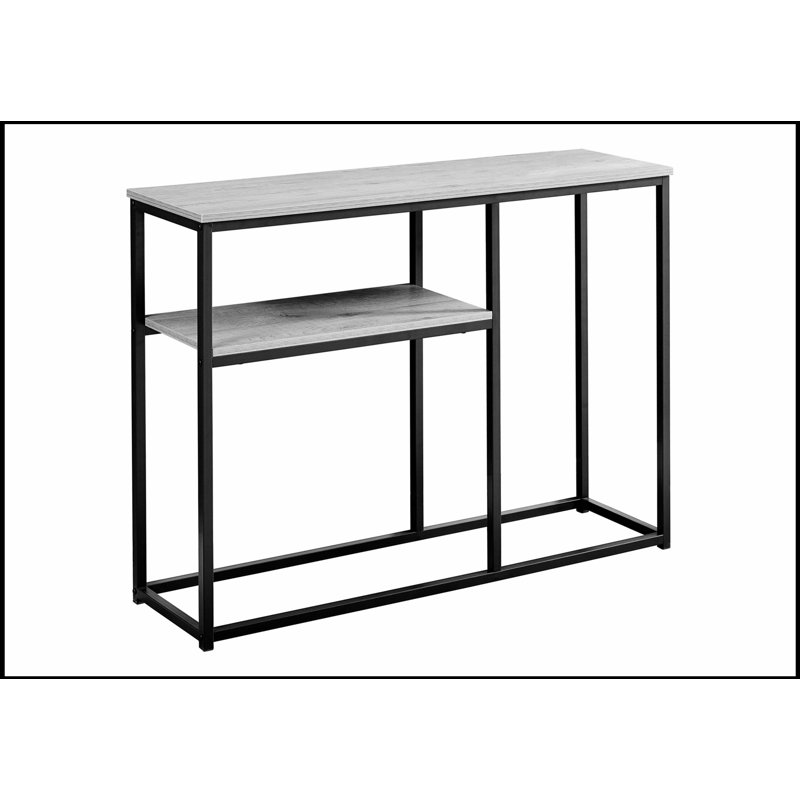 Table d'appoint moderne avec plateau en stratifié gris et base en métal noir, parfaite pour les petits espaces et les vestibules.
