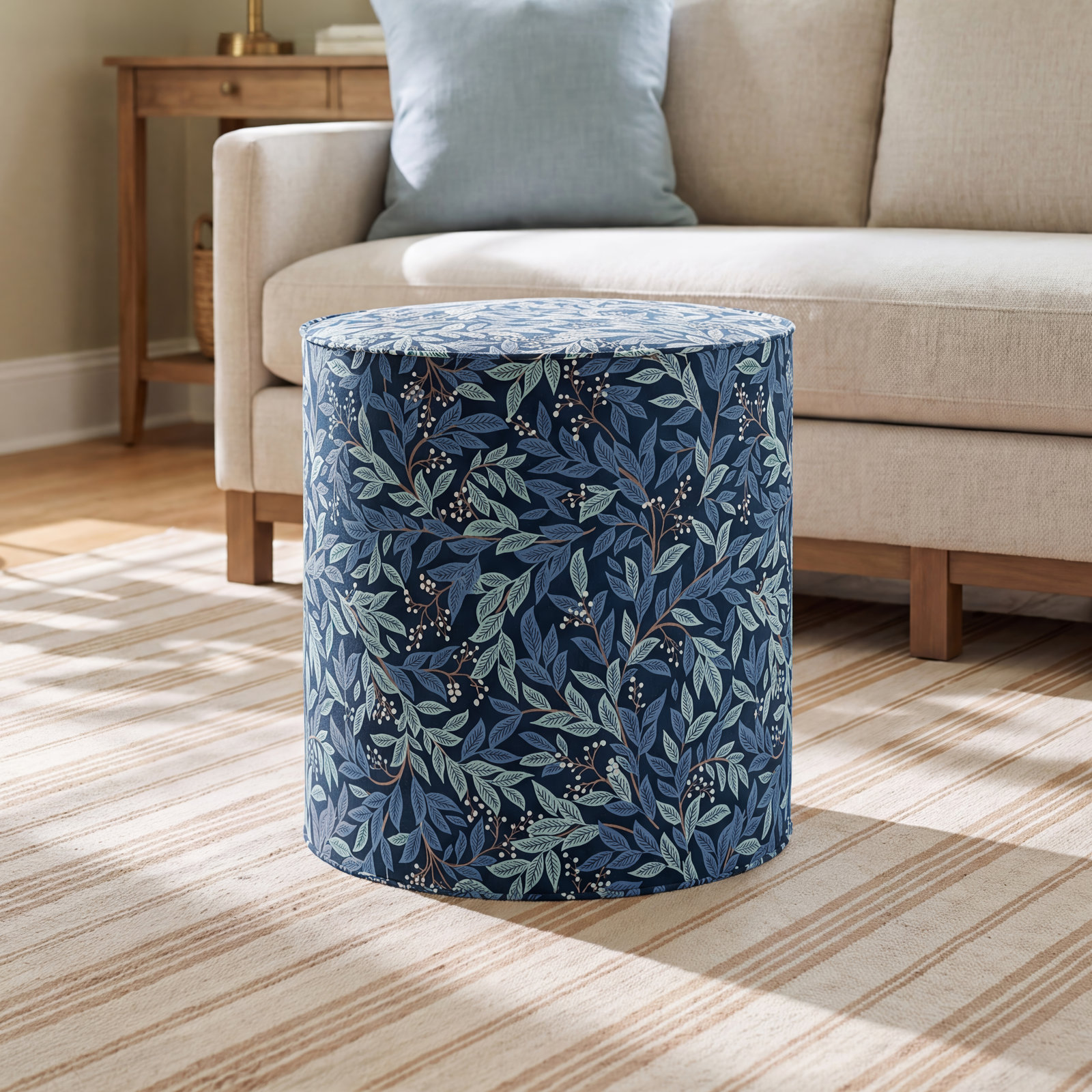 Rifle Paper Co. x Cloth & Company Round Ottoman, Rpc Willowberry Navy Linen