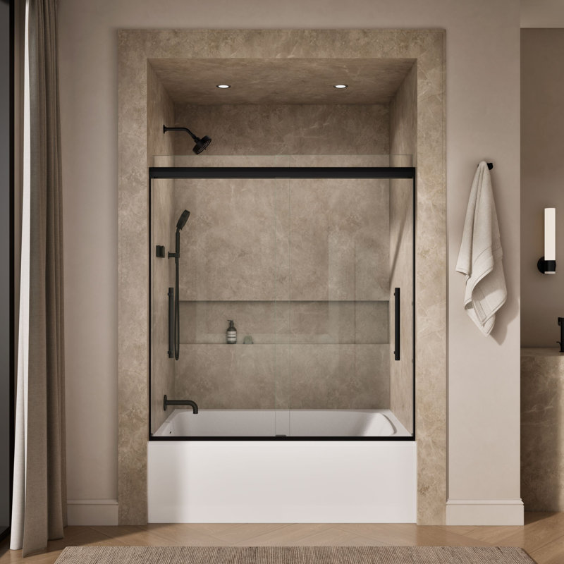 Pleat® 63-9/16"H Frameless Sliding Bath Door with 5/16"-Thick Crystal Clear Tempered Glass, Black