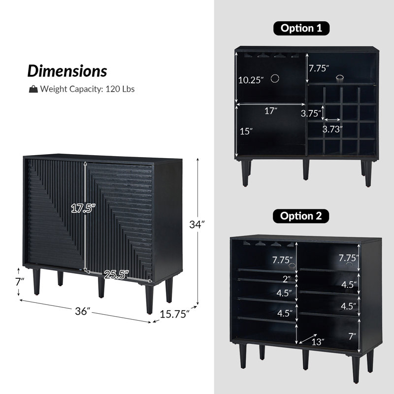 Arkayla Mid-century Modern 36''W Solid 2-Door Multifunction Accent Cabinet with Wine Rack(Set of 2), Black