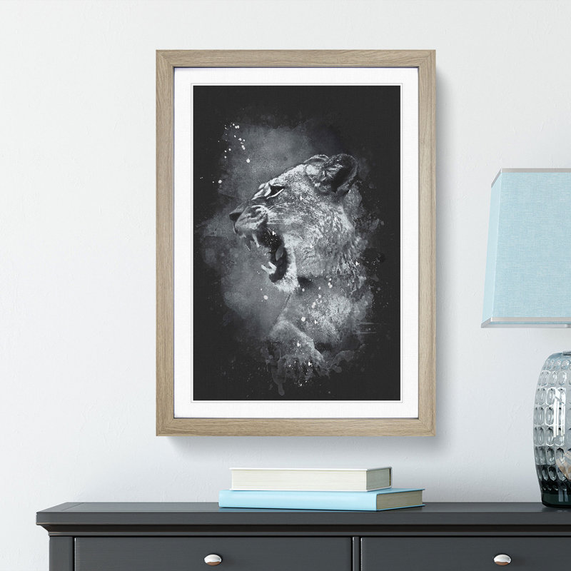 Fierce Lioness - Picture Frame Painting Print, Oak Framed, 63cm H x 45cm W x 2cm D