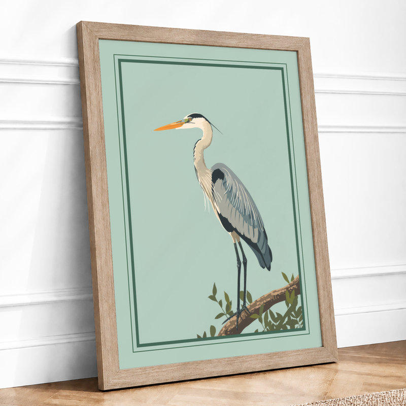 Great Blue Heron Japandi - Framed Print, Oak, A3 - 42.0 x 29.7 cm