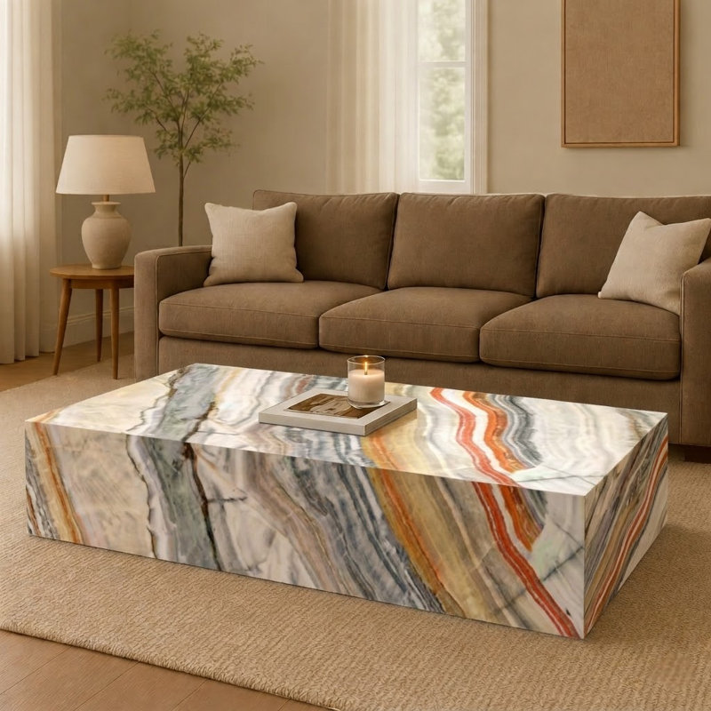 Genuine Marble Block Coffee Table - Rainbow Onyx Marble