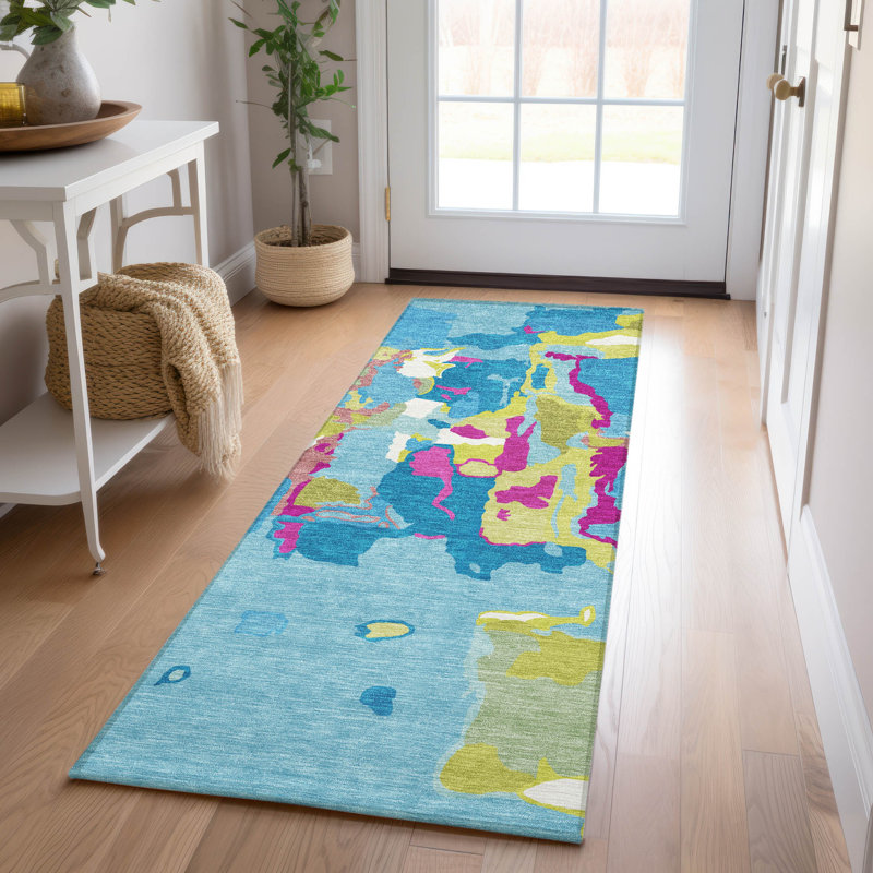 Aqua Abstract Washable Flat Woven Runner Rug