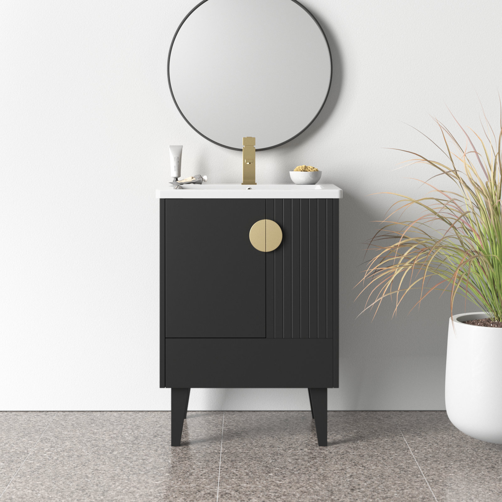 Saimah 24'' Single Bathroom Vanity, Satin Brass, Black