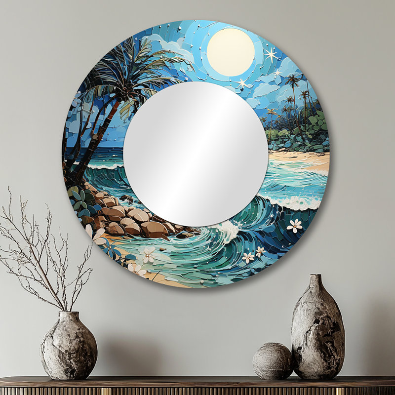 Coastal Island Escape - Beach Large Mirror, Coastal Round Decorative Wall Mirror, Printed Metal Art, 29" x 29"