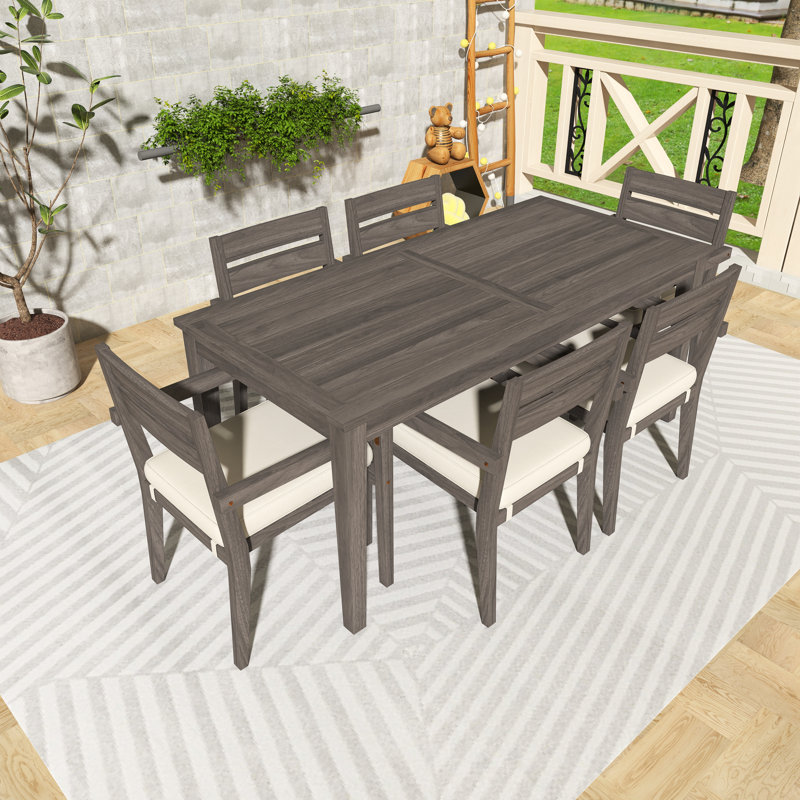 Ensemble repas d'extérieur rectangulaire 7 pièces avec coussins 7 pièces, Gris