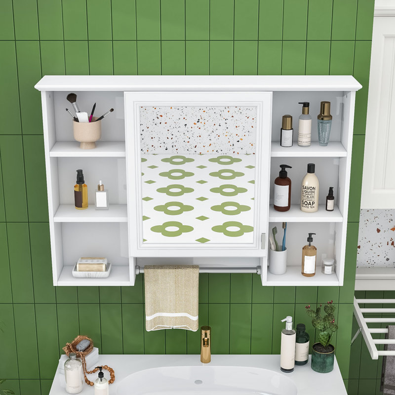 Armoire de salle de bain murale avec miroir, tablettes réglables et barre à serviettes, Blanc