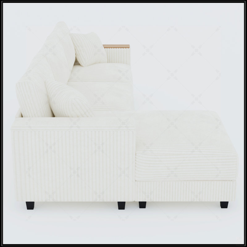 Canapé modulaire en L Corduroy avec méridienne réversible, rangement caché et deux coussins pour les salons modernes, Blanc