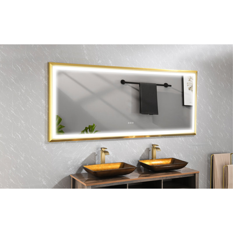 Miroir de salle de bain rectangulaire à brouillard à DEL - 48 po x 84 po, à intensité variable, fixation murale, salle de bain, grand brouillard encadré noir de style luxueux, fixation, 84 po x 48 po, décoration de salle de bain