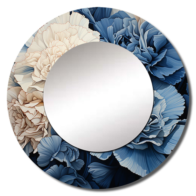 «Ronit» blanc bleu œillets Arrangement VI - œillets uniques, miroir rond traditionnel, impression sur métal, 23 po x 23 po