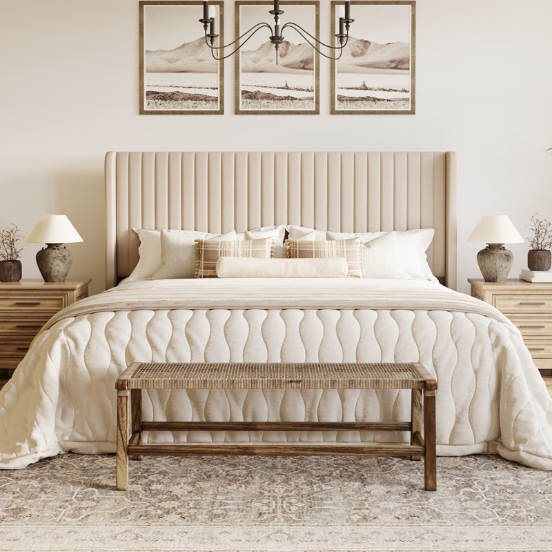 Candler Velvet Upholstered Platform Bed with Wingback Headboard and Wooden Slats, Queen, Beige