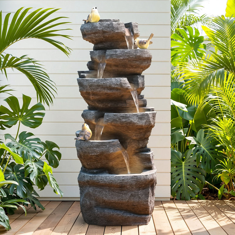 39" Natural Rock Water Fountain with LED Lights, 6-Tier Cascading Waterfall Decor, Weather-Resistant Polyresin Outdoor Feature for Garden or Patio