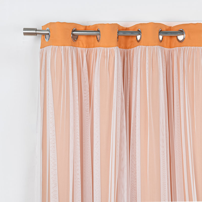 Fortuna Brockham Solid Tulle Overlay Room Darkening Grommet Curtain Panels, Orange, 52" W x 63" L