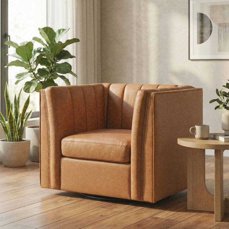 35.4'' Wide Upholstered Swivel Chair, Brown Faux Leather