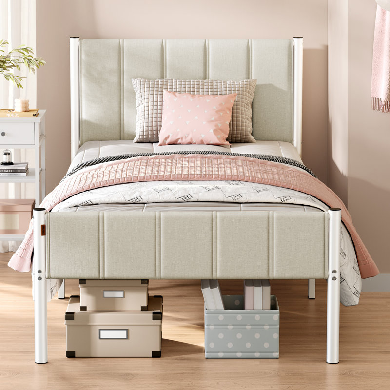 Upholstered Platform Bed with Headboard, Twin, White