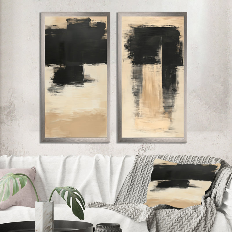 Ensemble de 2 tableaux encadrés « Charcoal Tonal Abstract I » – Minimalisme abstrait, 40" H x 40" W, Silver Picture Framed