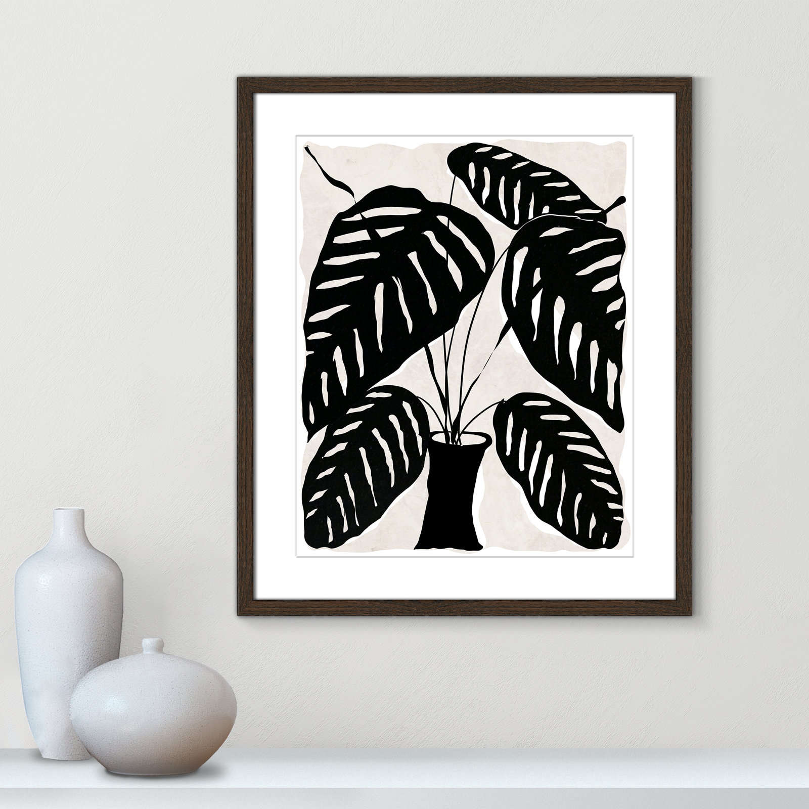 Black and White Potted Plant I Print, 25.5" H x 21.5" W x 0.75" D, Walnut Framed