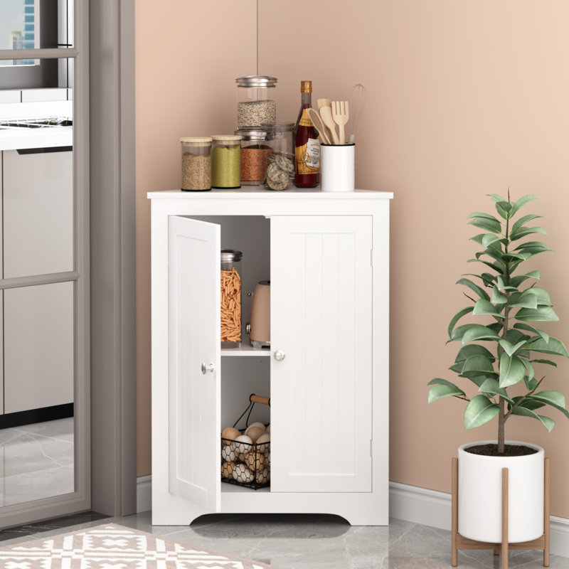 White Narrow Floor Corner Cabinet With Adjustable Shelf And 2 Doors - For Bathroom, Kitchen, Living Room Decorative Storage In Delightful Organization Option