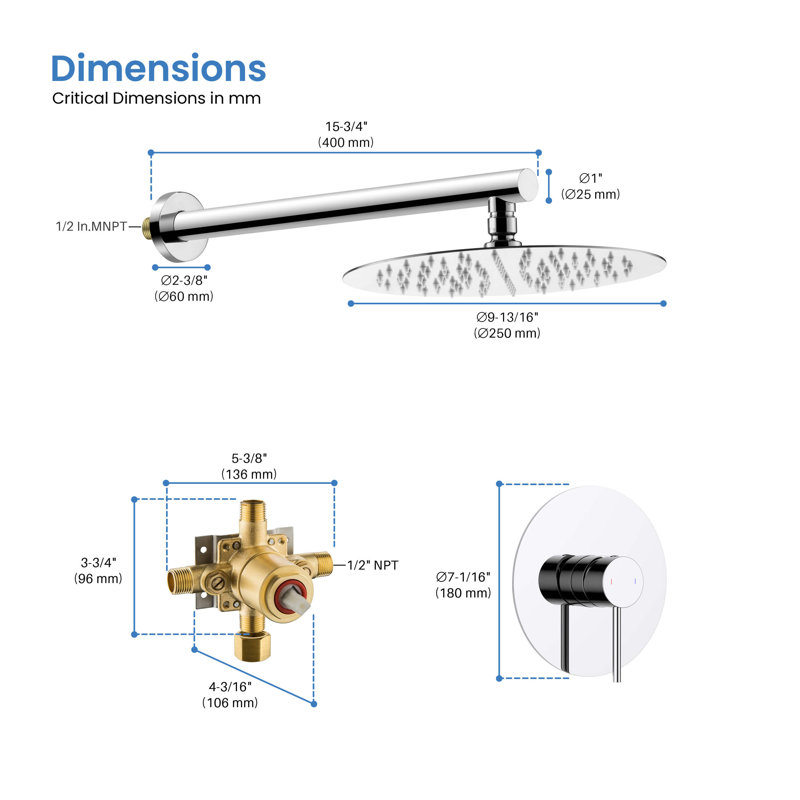 Système de douche complet à pression équilibrée avec valve brute, Chrome
